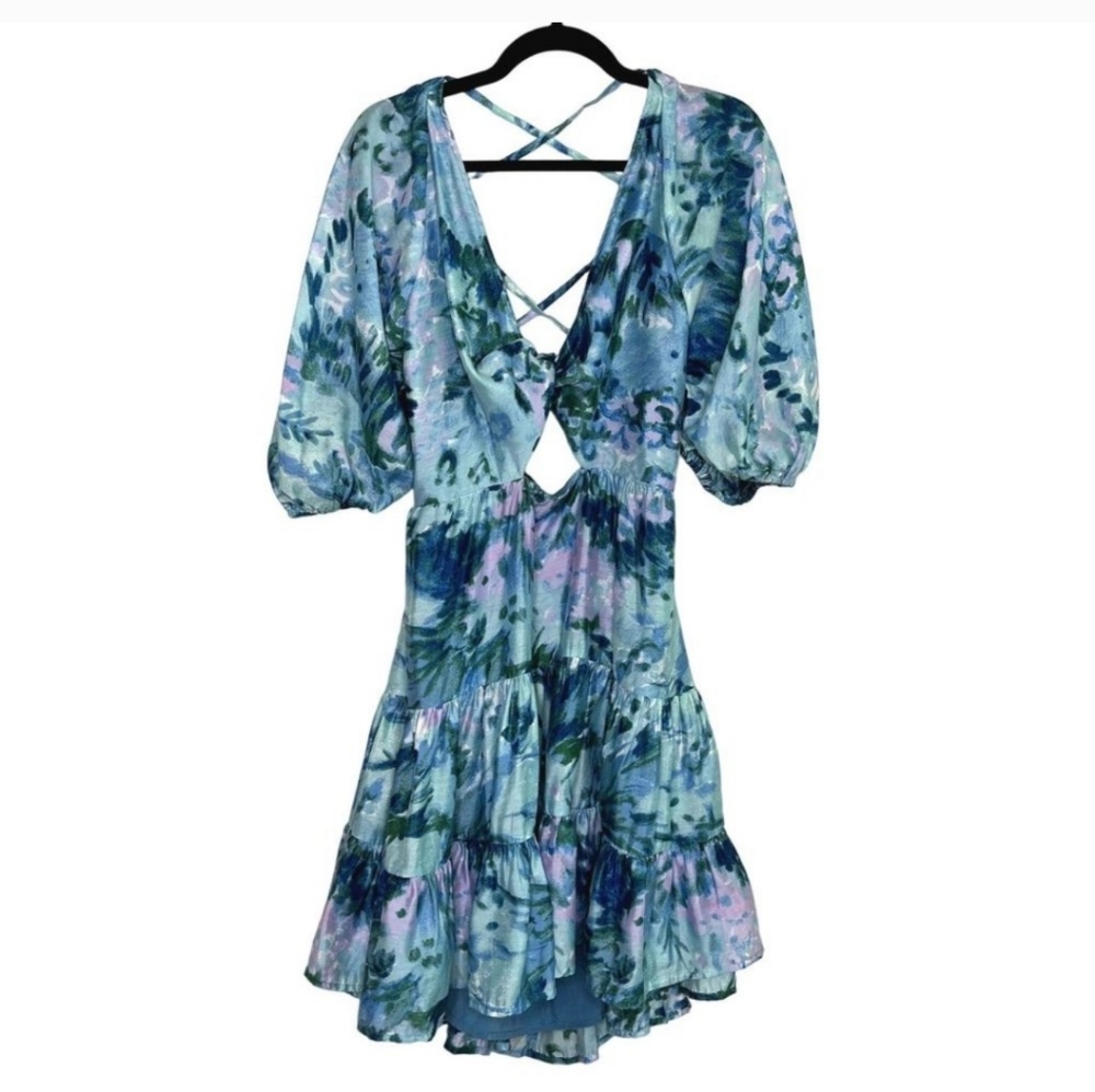 NWT Asos Design Blue Floral Tiered Voile Mini Dress Twist Front Size 14